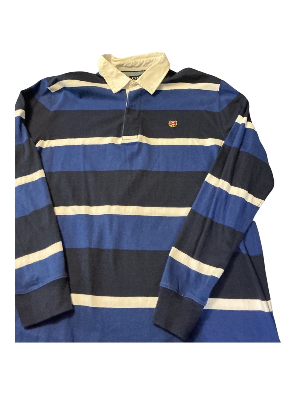 Chaps Long-Sleeve Striped Rugby Polo - Blue/Black/Cream